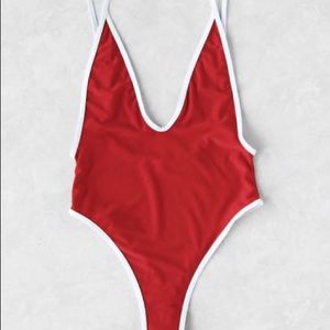 Red Plunge Neck Thong Swimsuit Bodysuit